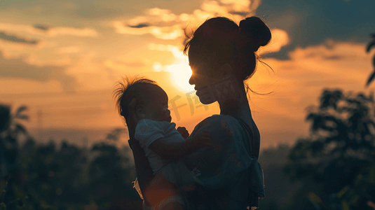 夕阳中妈妈抱着婴儿摄影10