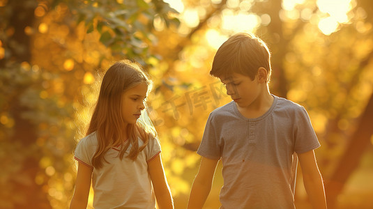 一个男孩和一个女孩一起在公园散步图片
