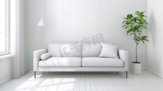 绿植盆栽摄影照片_简约白色客厅沙发图片