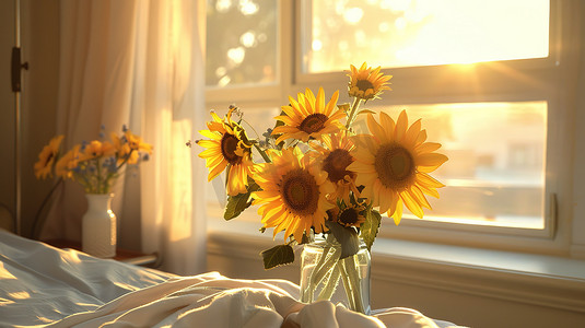 向日葵太阳摄影照片_床上放着一瓶向日葵高清摄影图
