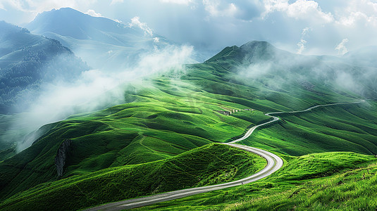 高山草原山顶上的蜿蜒道路图片