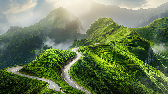 高山草原山顶上的蜿蜒道路摄影配图