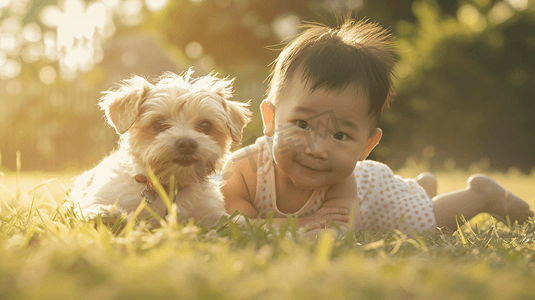 婴儿和儿童摄影照片_草坪上的婴儿和狗狗摄影10
