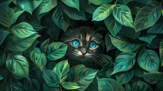 猫咪绿叶围绕合成创意素材背景