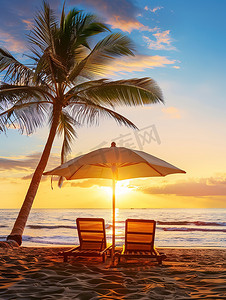 海滩日落椰子树躺椅高清摄影图