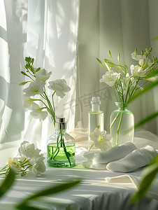 香水瓶三视图摄影照片_绿色清新的香水瓶摄影配图