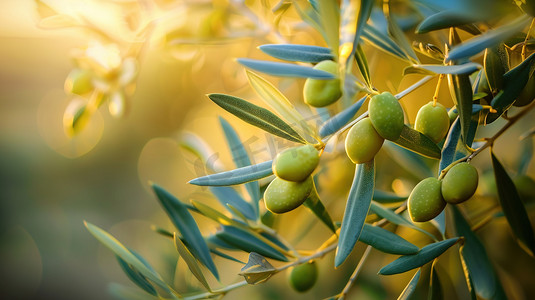 枝叶绿色摄影照片_阳光下的橄榄树枝叶果实图片