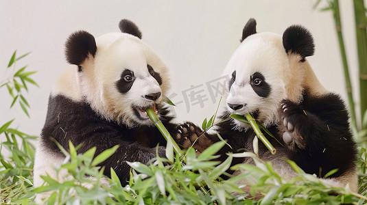 两只在吃竹子的熊猫图片