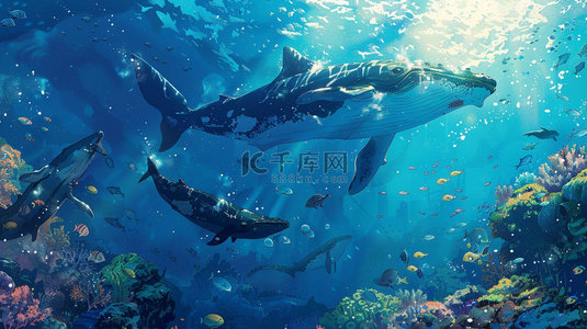 创意鲸鱼背景图片_深海鲸鱼珊瑚合成创意素材背景