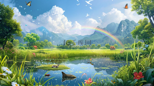 池塘小院背景图片_彩虹池塘生态合成创意素材背景