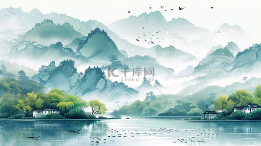 水墨高山水乡合成创意素材背景