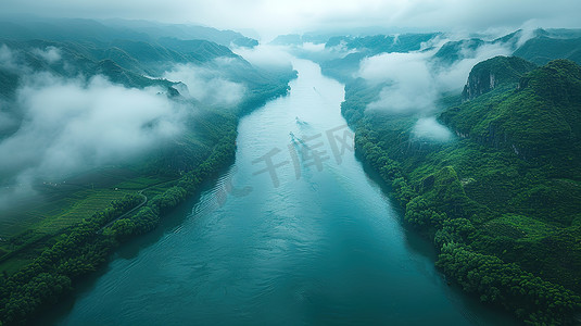 天空摄影照片_航拍壮观的河流大自然景观图片
