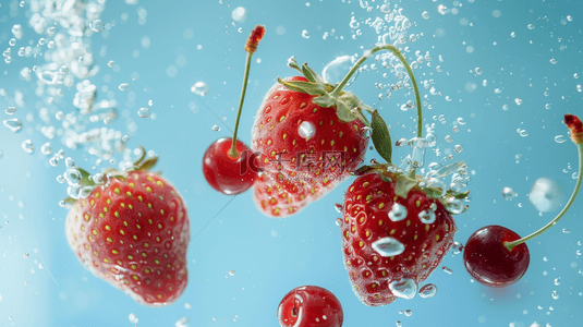 清洗羽绒服背景图片_蓝色夏季草莓清洗水果背景