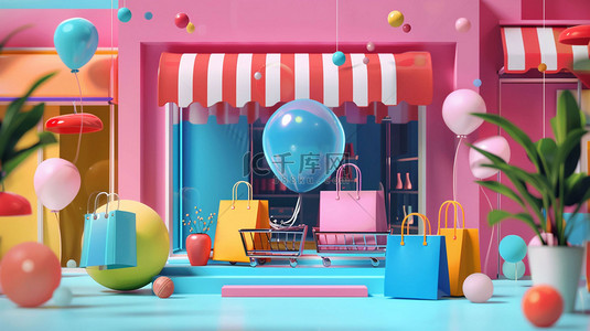 购物车背景背景图片_购物车气球模型合成创意素材背景