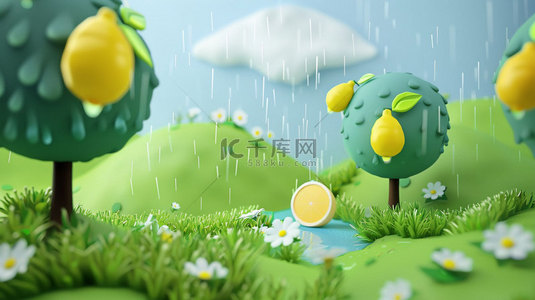 下雨喝茶背景图片_模型下雨草地合成创意素材背景