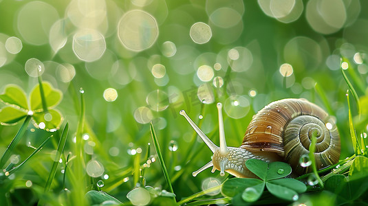 草地水滴摄影照片_青草地上的蜗牛和水珠图片