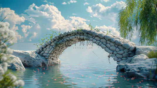 拱桥背景图片_拱桥柳树白云合成创意素材背景