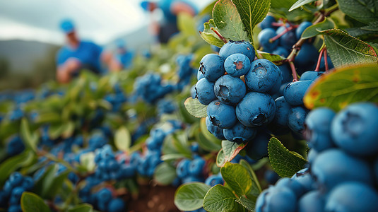 采摘蓝莓摄影照片_采摘蓝莓的蓝莓种植园高清摄影图