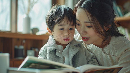 教育摄影照片_母亲和孩子一起读书高清图片