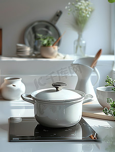 白色厨房白色的锅具高清摄影图
