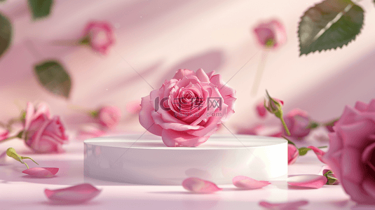 电商装饰花朵背景图片_粉色520花朵3D立体装饰圆柱电商背景