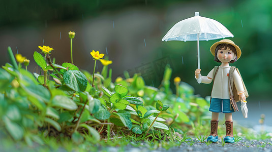 青花瓷瓶摄影照片_青青花草地里撑着雨伞的孩子图片