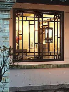 中式风格外墙窗户摄影照片