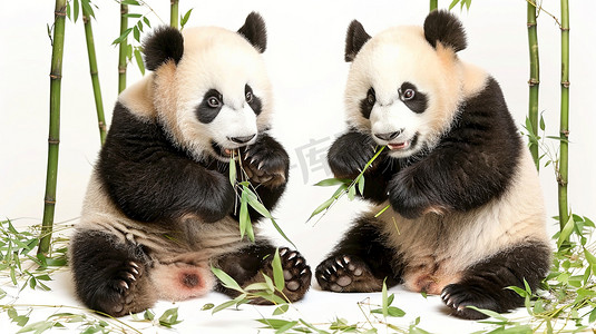 黑白动物摄影照片_两只在吃竹子的熊猫图片