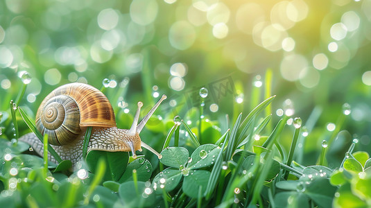 风雨蜗牛摄影照片_青草地上的蜗牛和水珠图片