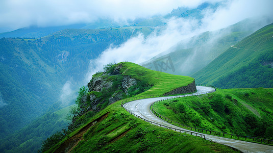 高山草原山顶上的蜿蜒道路照片