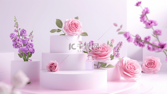 粉色立体花朵背景图片_粉色520花朵3D立体装饰圆柱电商背景