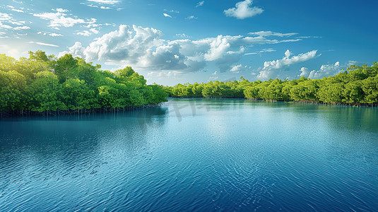 蓝色淡水河口全景图片