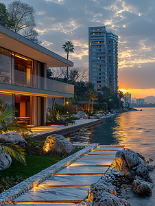 宁静的海景豪宅建筑高清摄影图