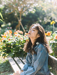 女孩坐在长椅上享受阳光高清摄影图