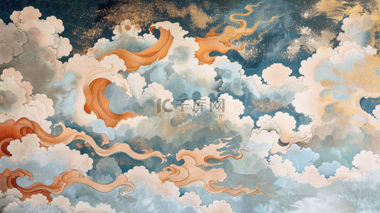 传统绘画背景图片_云朵传统绘画合成创意素材背景