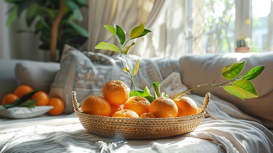 桌子篮子里的橙子图片
