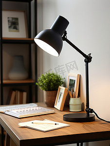 现代办公桌上的黑色台灯摄影配图