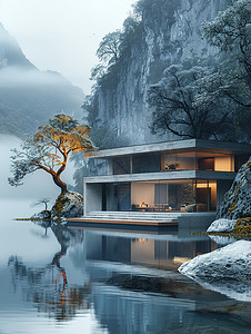 湖边的现代房子建筑高清摄影图