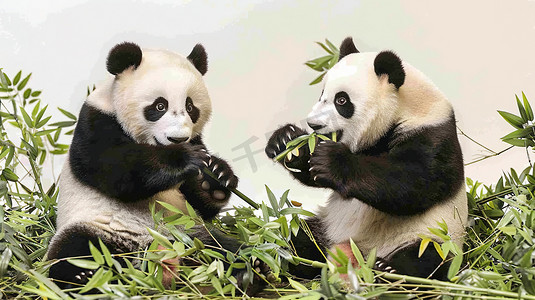 可爱动物图片摄影照片_两只在吃竹子的熊猫图片