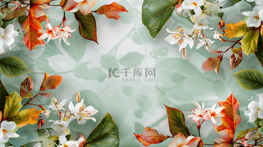 平铺背景图片_清新设计树叶花朵平面平铺的背景