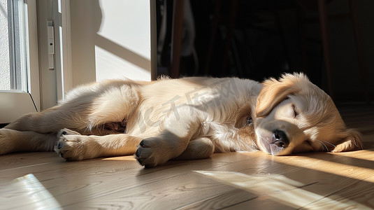 阳光午后摄影照片_一只狗睡在地板上照片