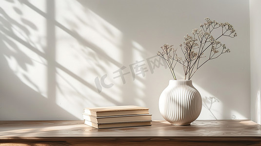 桌子上的书本纯白阳光摄影配图
