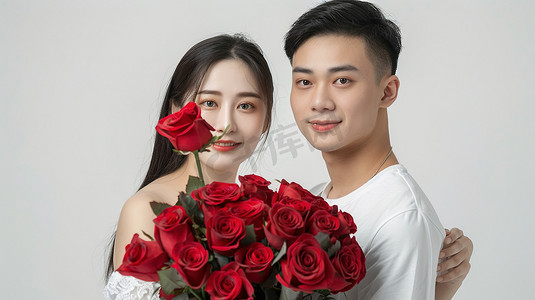 甜蜜的爱情摄影照片_拿着一束红玫瑰合影的甜蜜夫妻图片