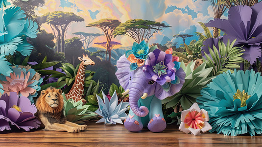 3d鲜花摄影照片_3D鲜花丛中的大象和其他动物图片