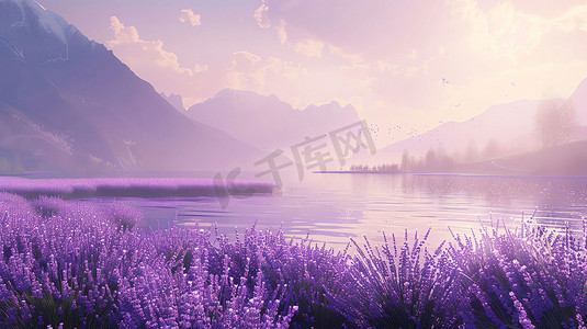 水墨紫色梦幻花朵摄影照片_山脉湖泊紫色薰衣草摄影照片