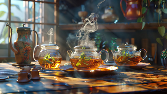 精致茶杯茶壶的摄影图片