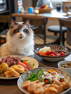 美食摄影照片_丰盛美食前的猫咪照片