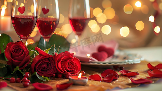 餐盘上的红玫瑰情人节图片
