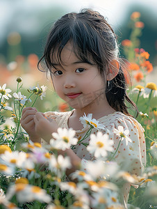 花朵丛中的小女孩照片