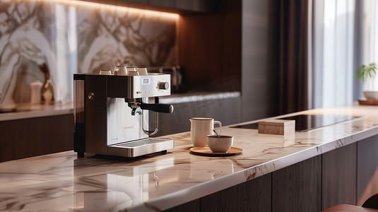 豪华厨房大理石台面咖啡机摄影配图